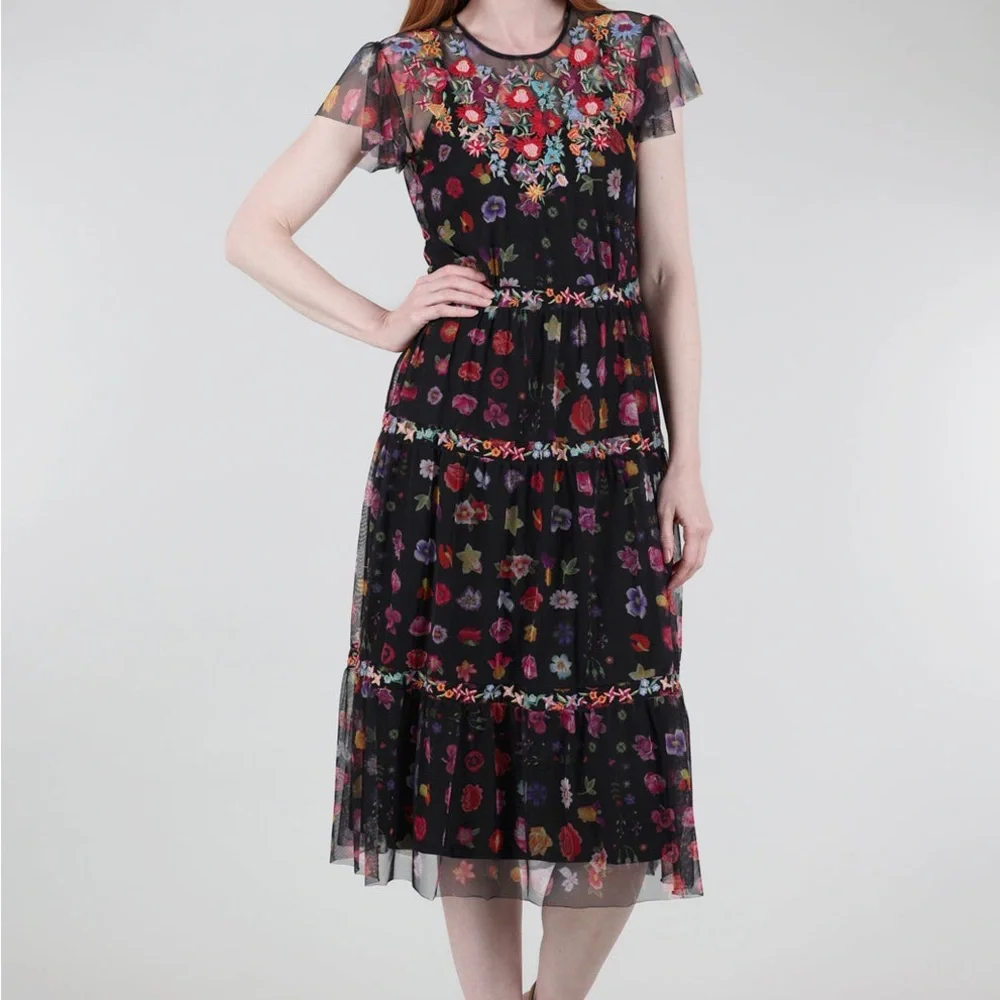 Johnny Was Black A-line Midi Dress with Flutter Sleeves - Picture 2 of 7